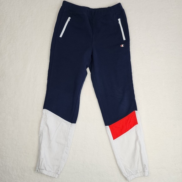 Champion Mens Small Colorblock Fleece Nylon Jogger Sweatpants Navy White Red - Picture 2 of 14